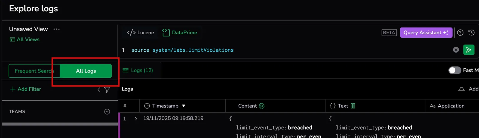 Logs Explorer showing the “All Logs” filter selected instead of “Frequent Search”, with a query against the system/labs.limitViolations dataset and violation logs displayed.