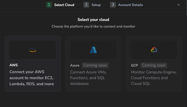 Add cloud wizard on the Select Cloud step with AWS selected and Azure and GCP marked Coming soon