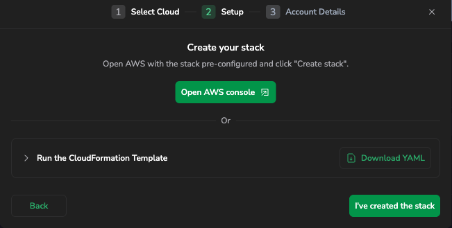 Setup step with an Open AWS console button, a CloudFormation template section, and a Download YAML button