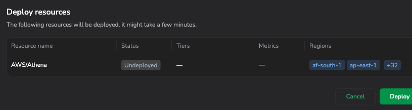 Deploy resources confirmation dialog listing each resource with status, tiers, metrics, and regions columns