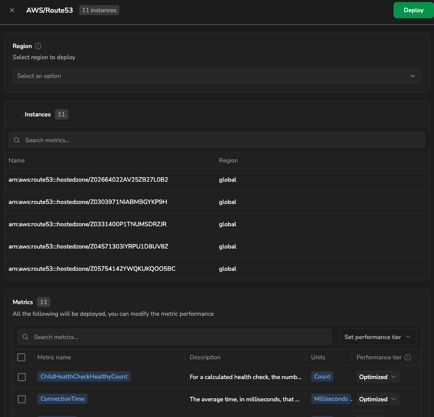 Deploy panel showing a region selector, an instances list, and a metrics table with a performance tier dropdown per metric