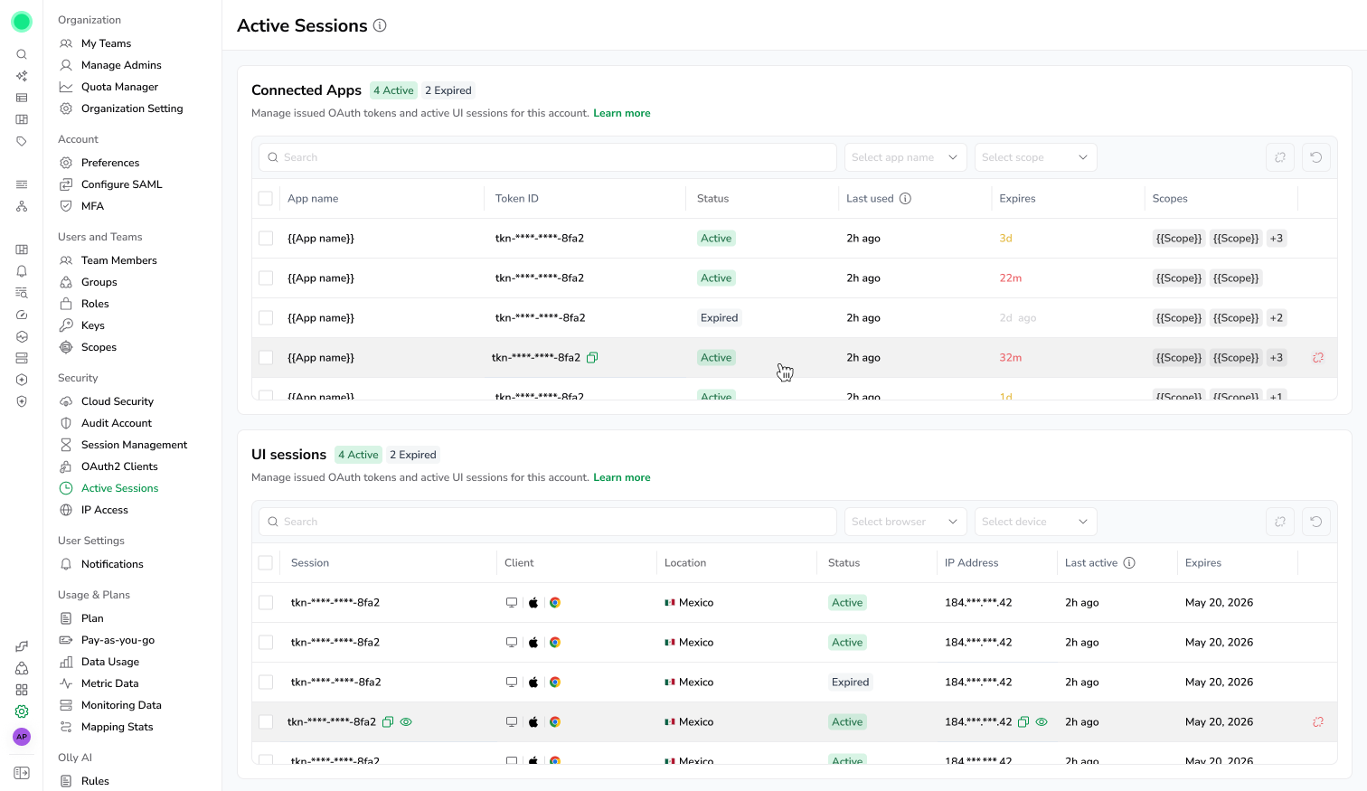 Active sessions page