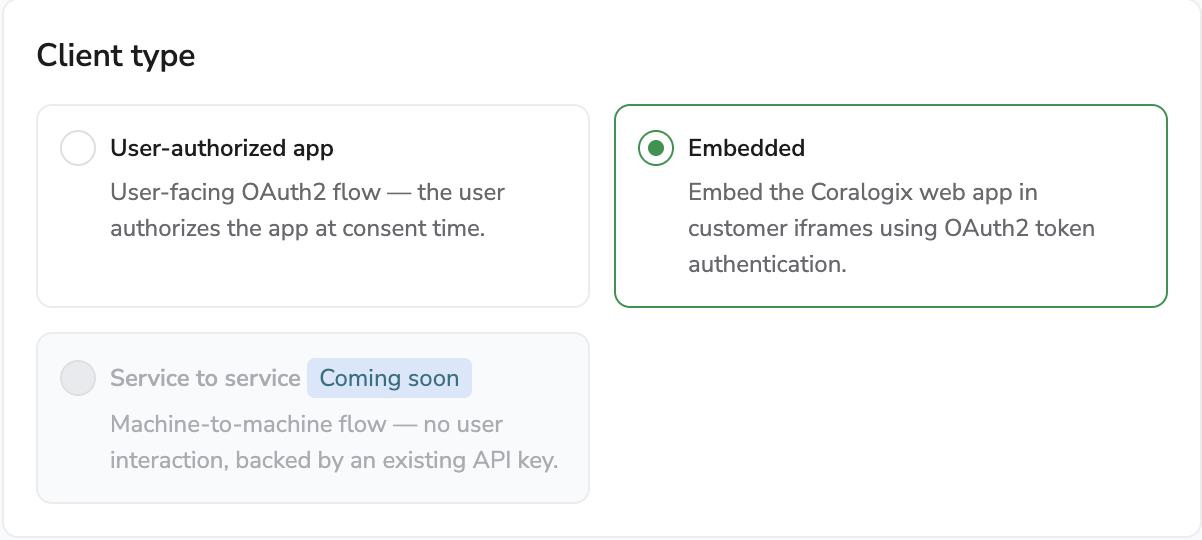 Client type selector with User-authorized app, Embedded, and Service to service cards