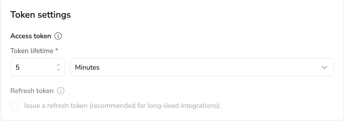 Token settings for an embedded client with the access-token lifetime set to 5 minutes and the refresh token unavailable