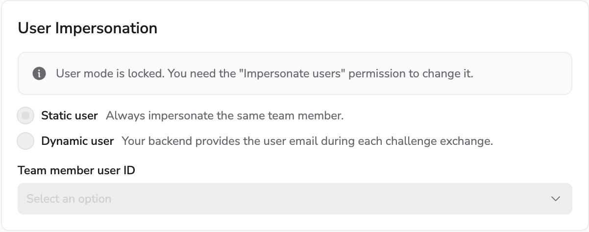 Embedded user-mode section with static and dynamic user options and a team member user ID picker
