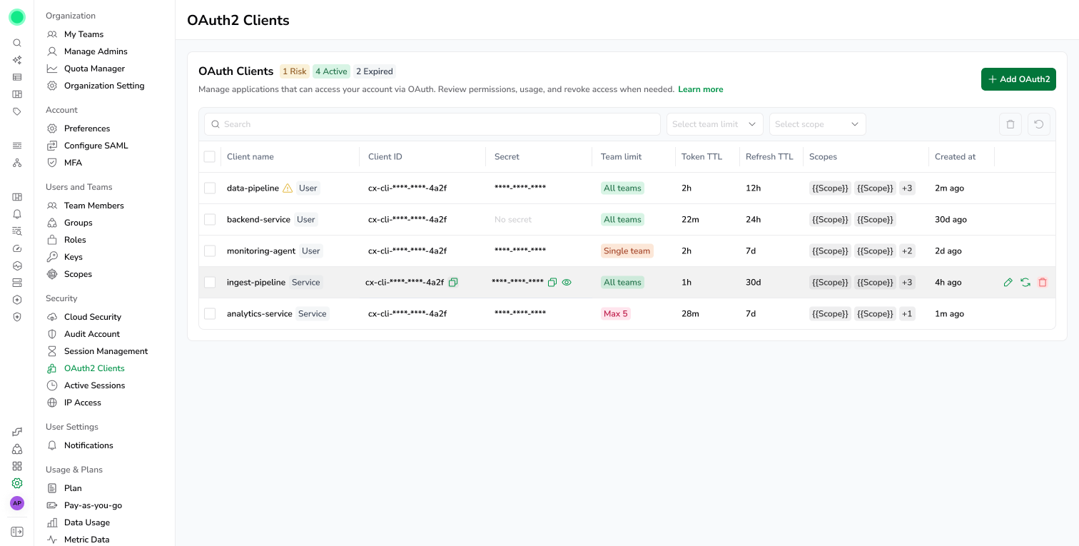 OAuth clients list