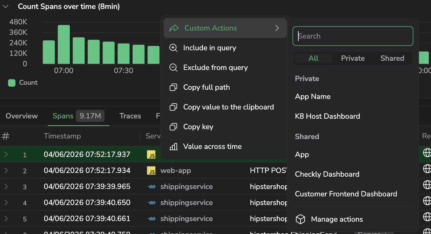 Custom actions in Spans tab