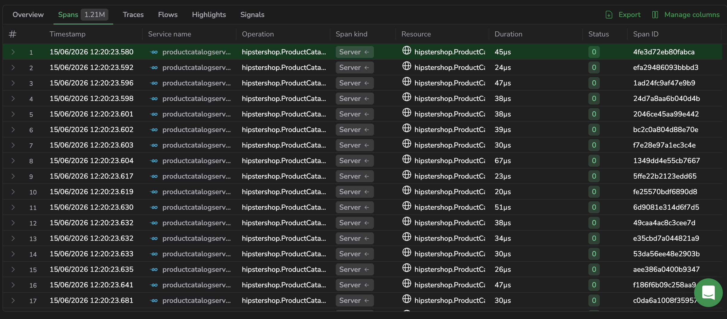 Spans table in Explore with a row selected