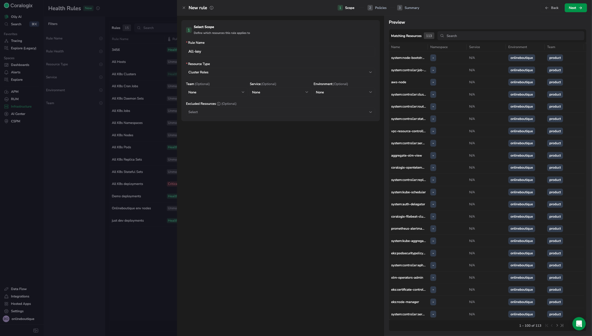 New rule wizard scope step with rule name, resource type, ownership filters, and a live matching-resources preview