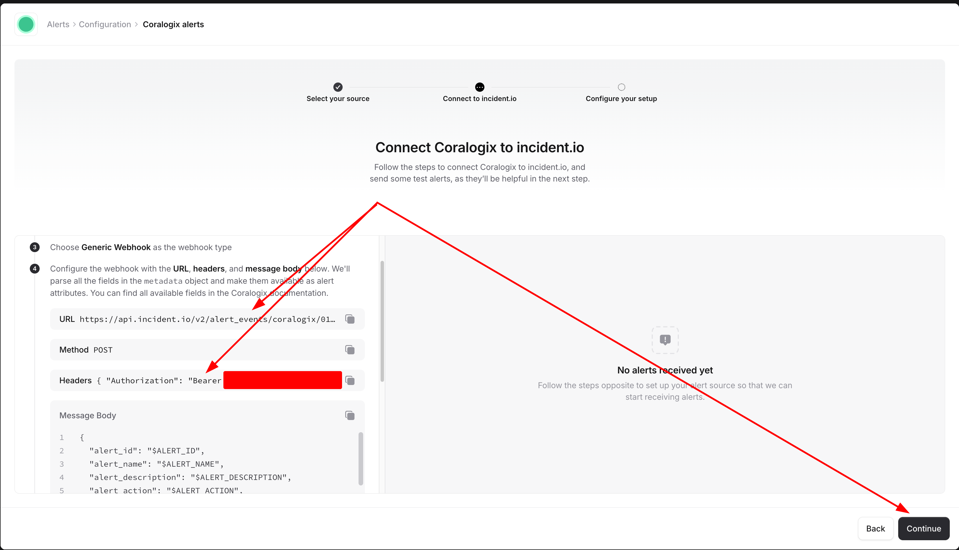 Coralogix integration URL, auth