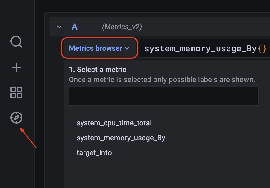 Grafana metrics browser with the host metrics produced by the Collector listed for selection