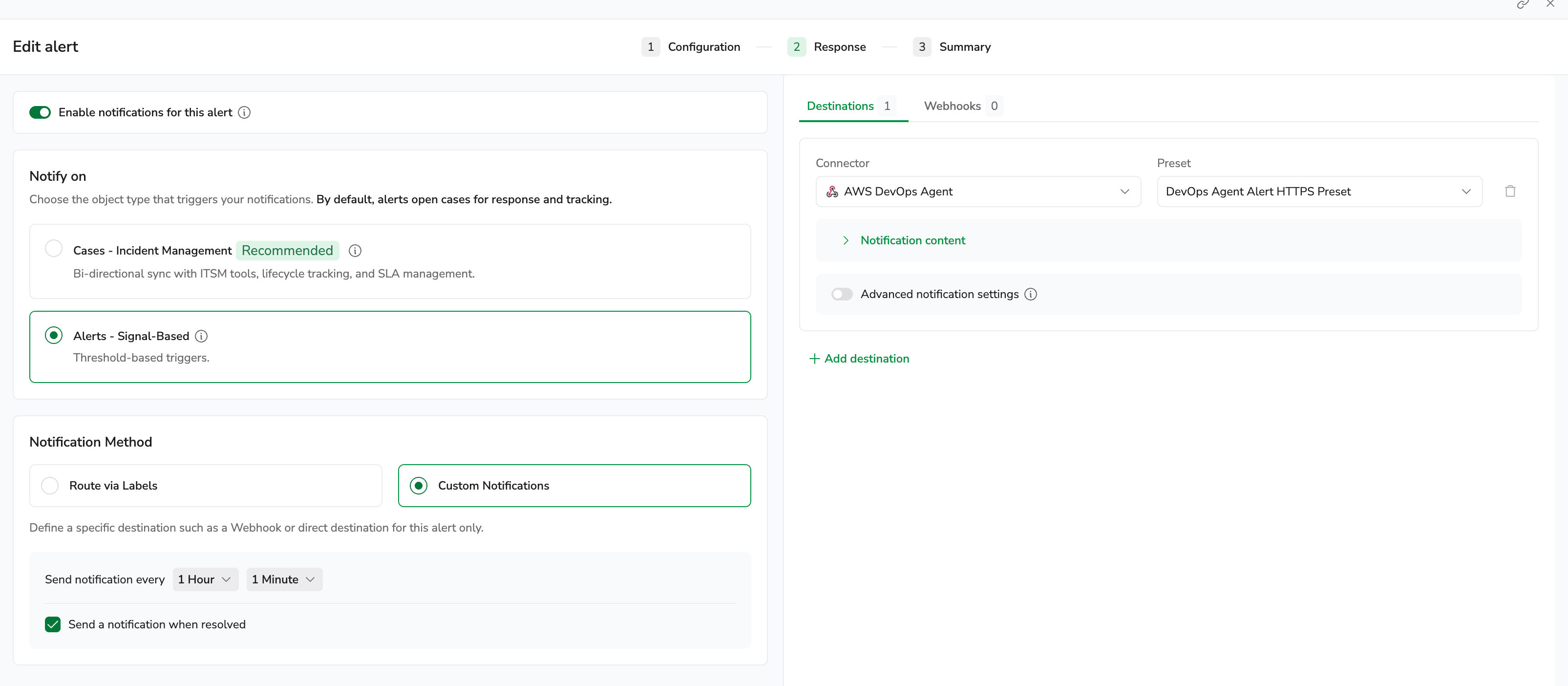 Screenshot of the alert Response step on the Destinations tab, showing the AWS DevOps Agent connector and the DevOps Agent Alert HTTPS Preset added as a destination