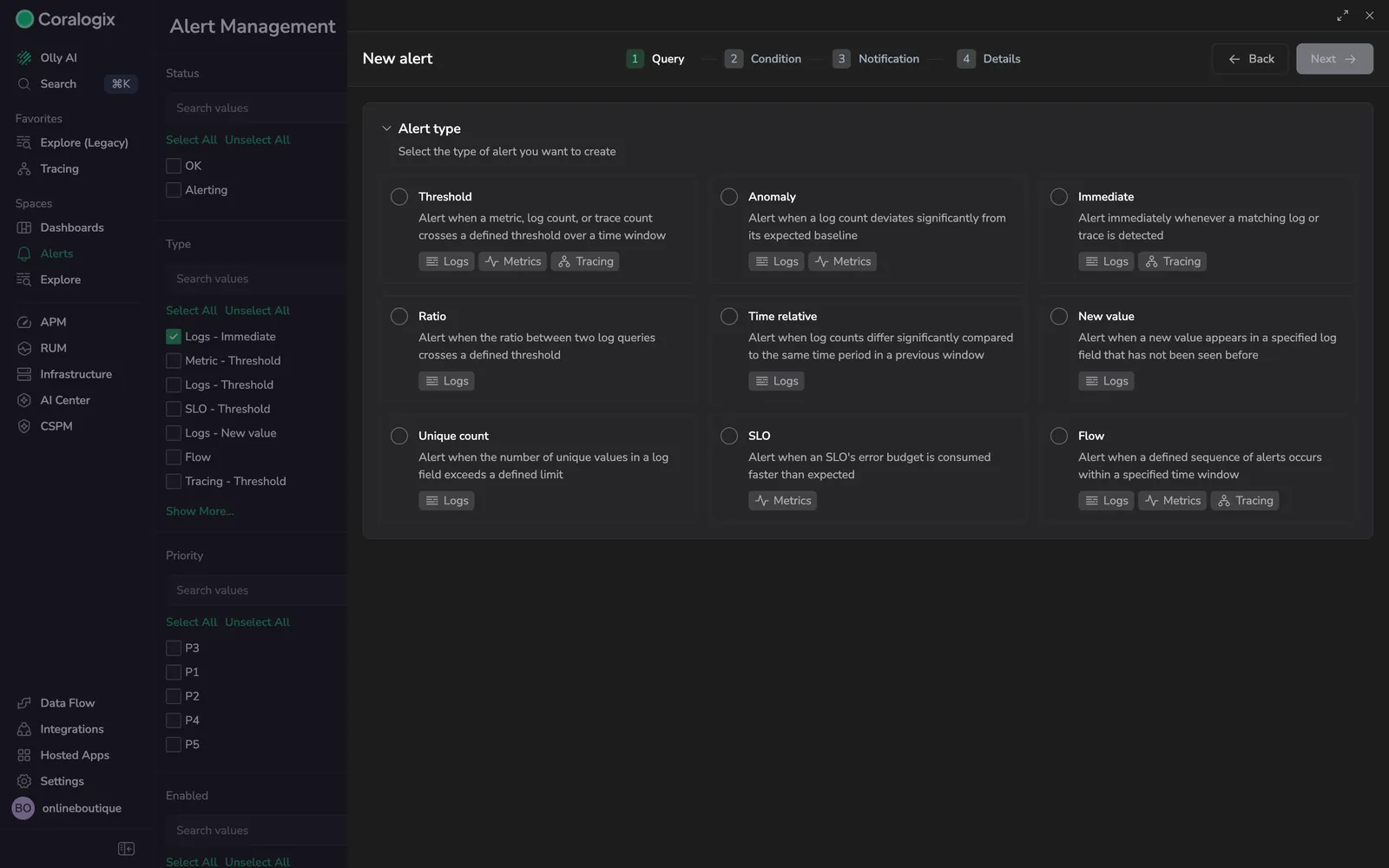 Alert type selection