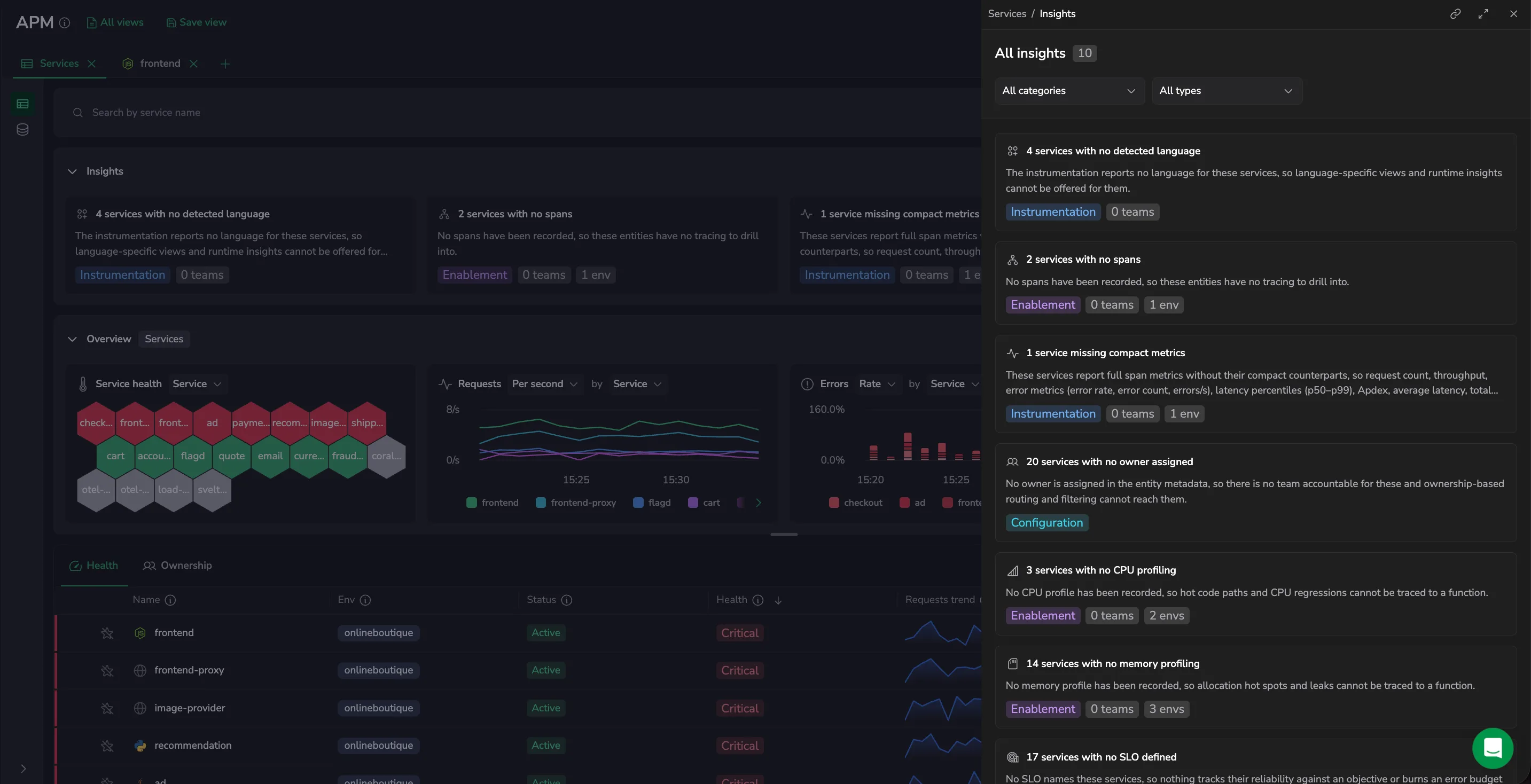 The All insights drawer open beside the catalog, listing every insight with the category and type filters above it.