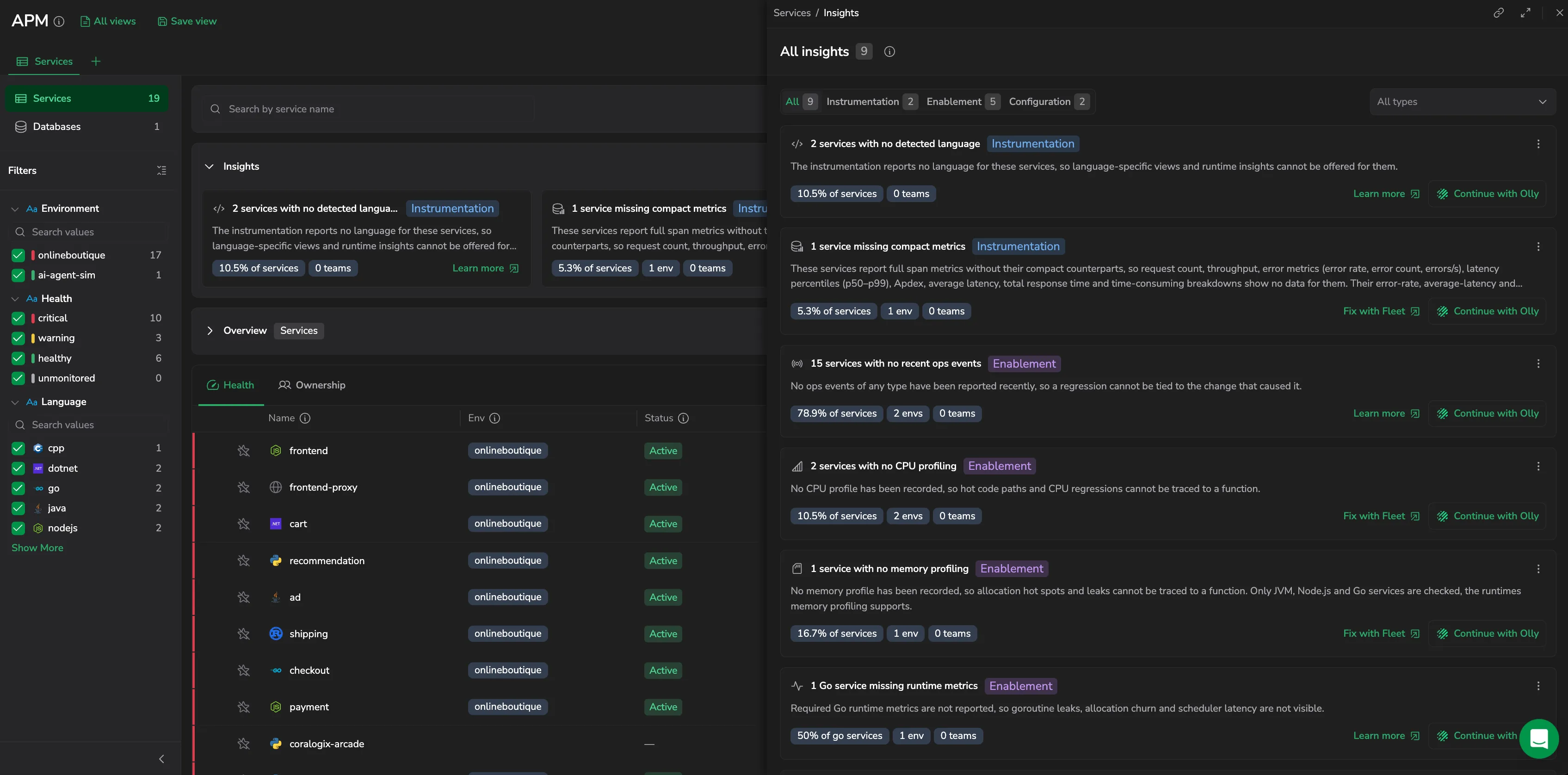 The All insights drawer open beside the catalog, listing every insight with the category and type filters above it.