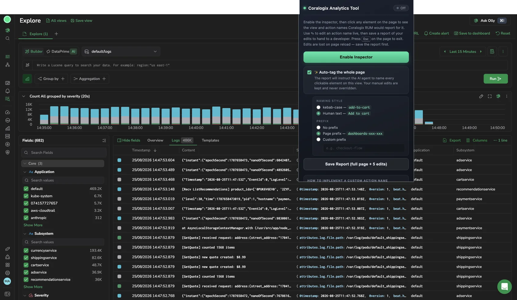 Coralogix Analytics Tool popup open over a page, showing Enable Inspector, the auto-tag option, naming style and prefix settings, and Save Report