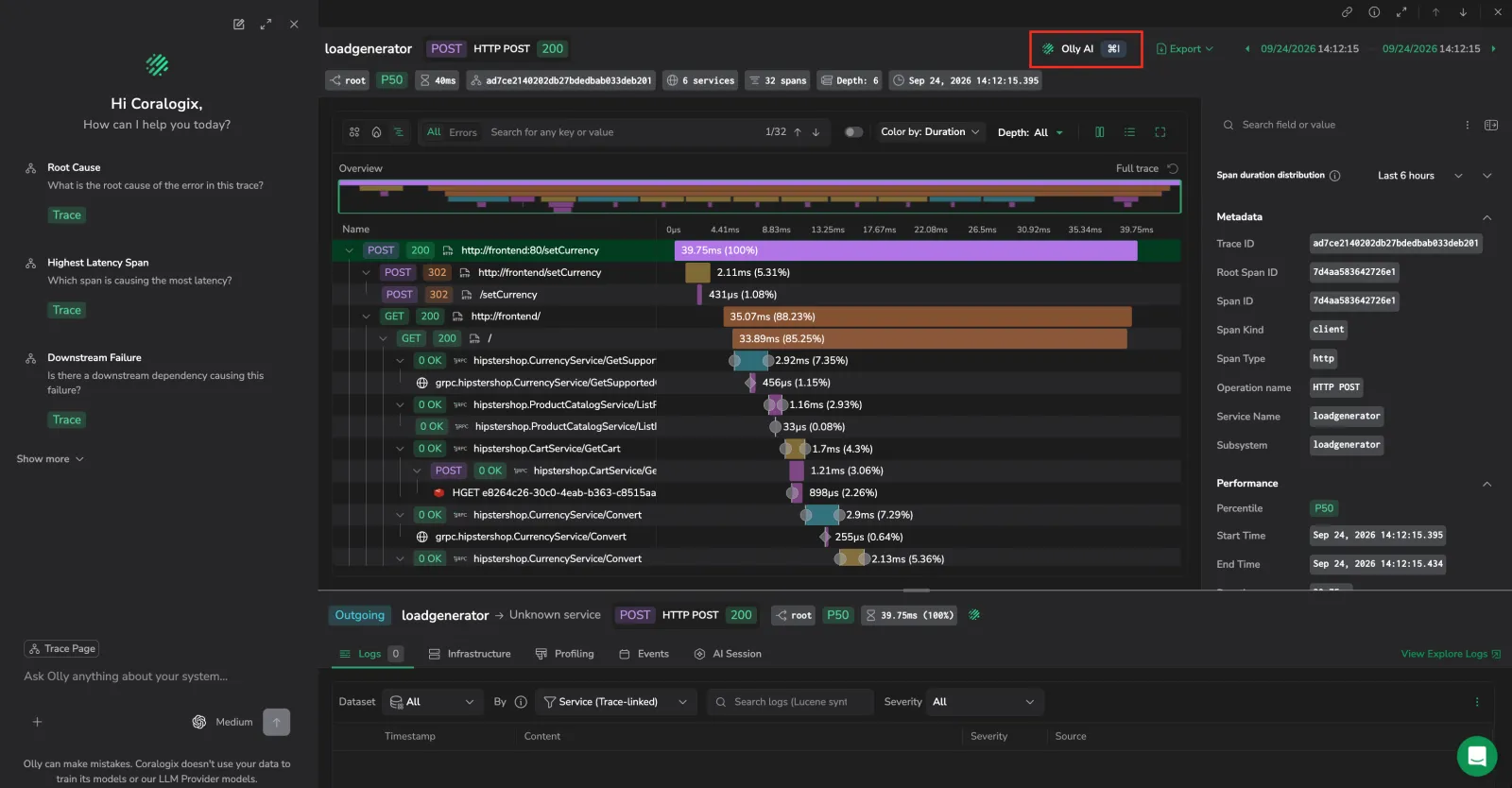 Ask Olly drawer inside the tracing drilldown, showing trace-scoped suggested queries next to the Gantt chart