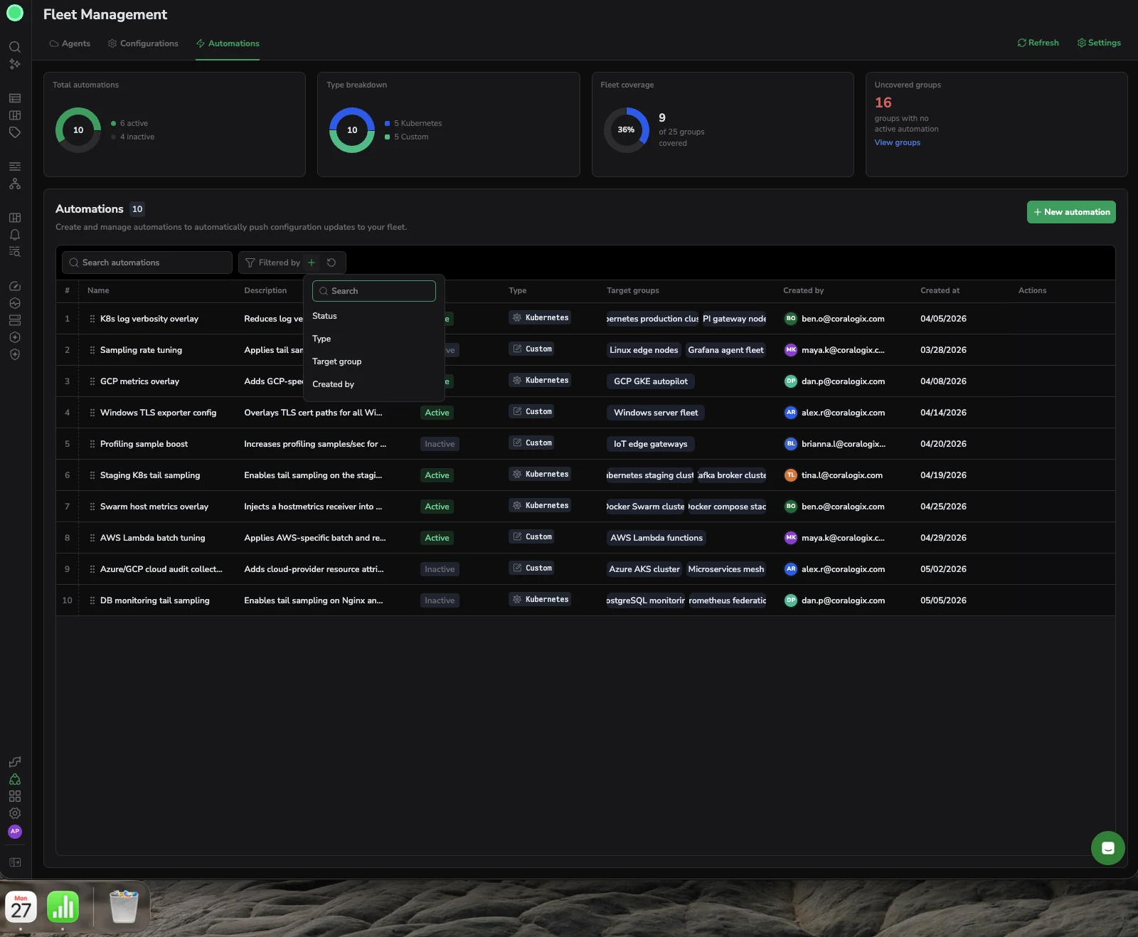 Filtering the automations list by status, type, target group, or creator