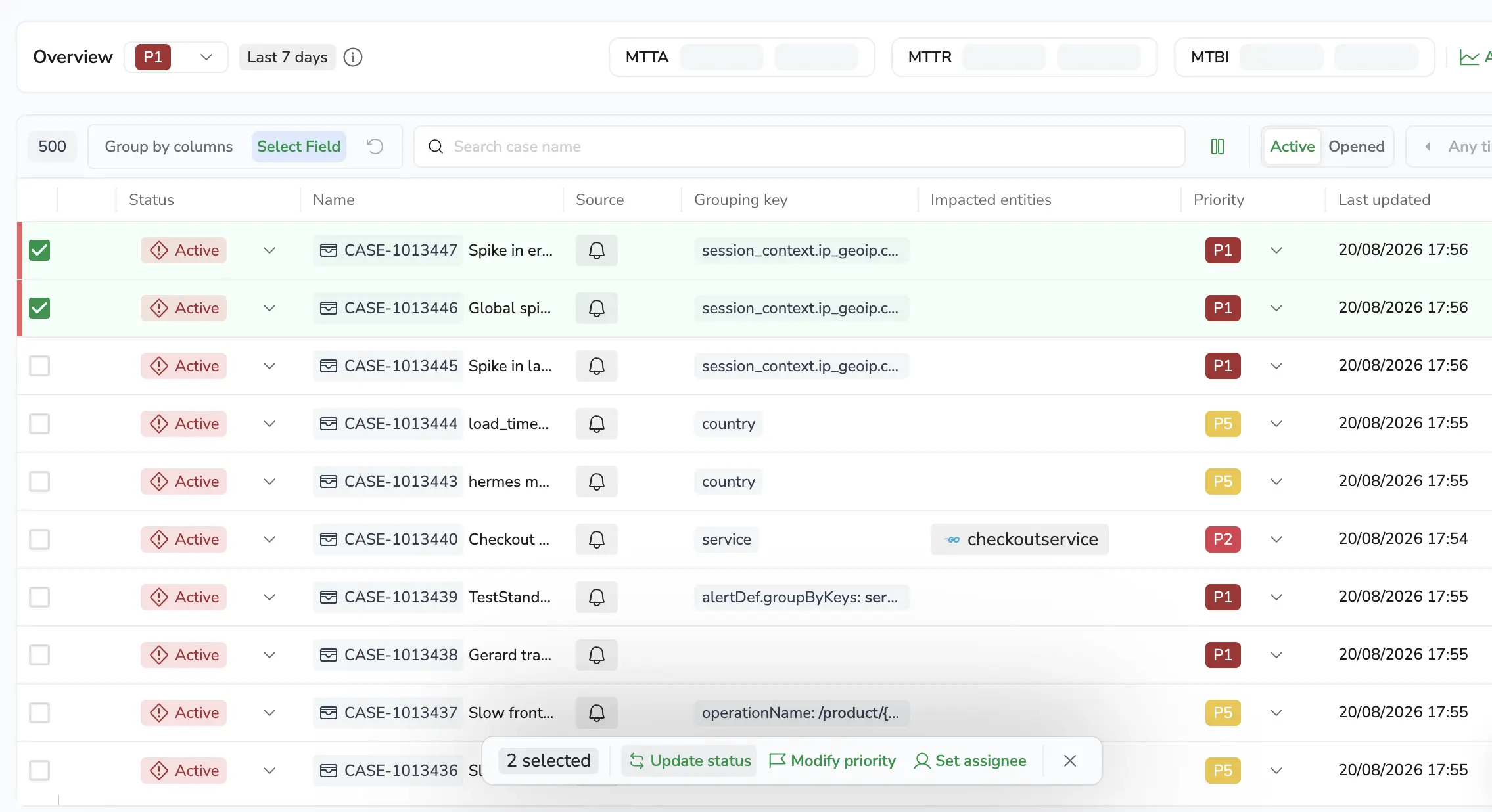 Case list showing bulk actions toolbar and impacted entities column