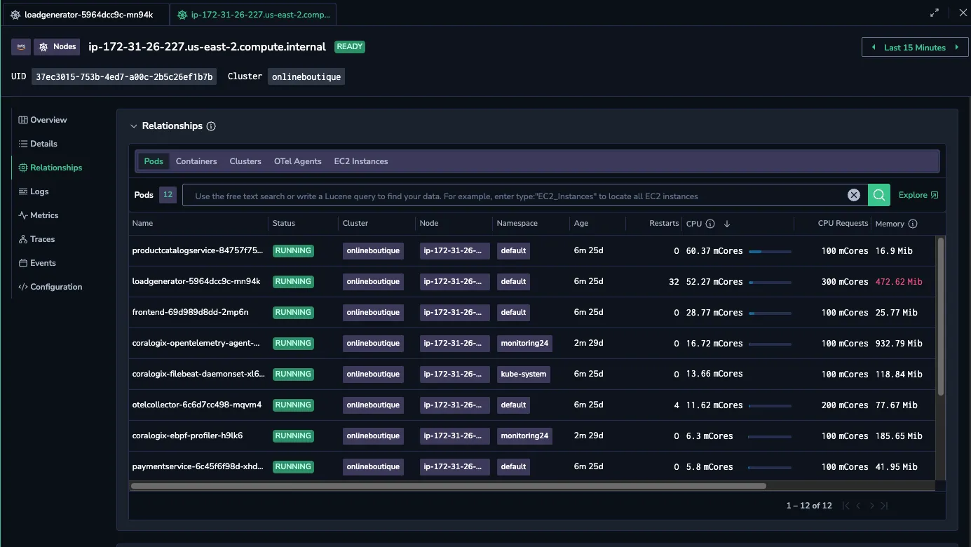 Relationship and traces view showing resource dependencies