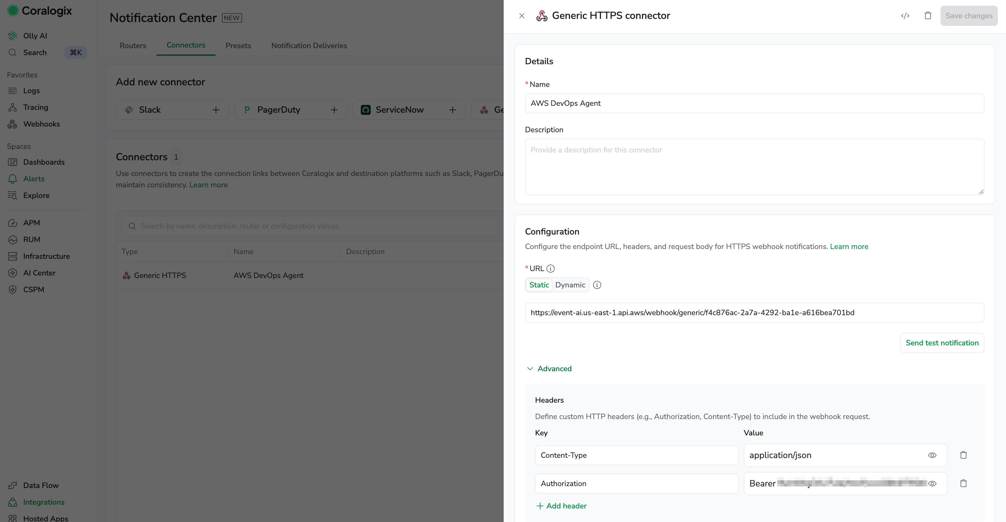 Screenshot of the Generic HTTPS connector in Coralogix with the Advanced section expanded, showing the Content-Type and Authorization headers