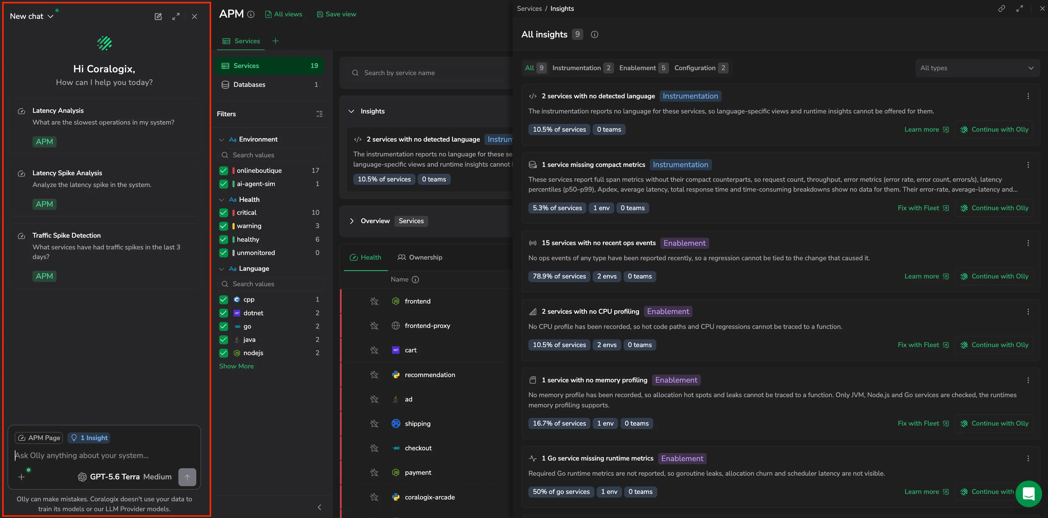 The Olly AI chat opened from an insight, with the insight in its context and APM starter prompts.