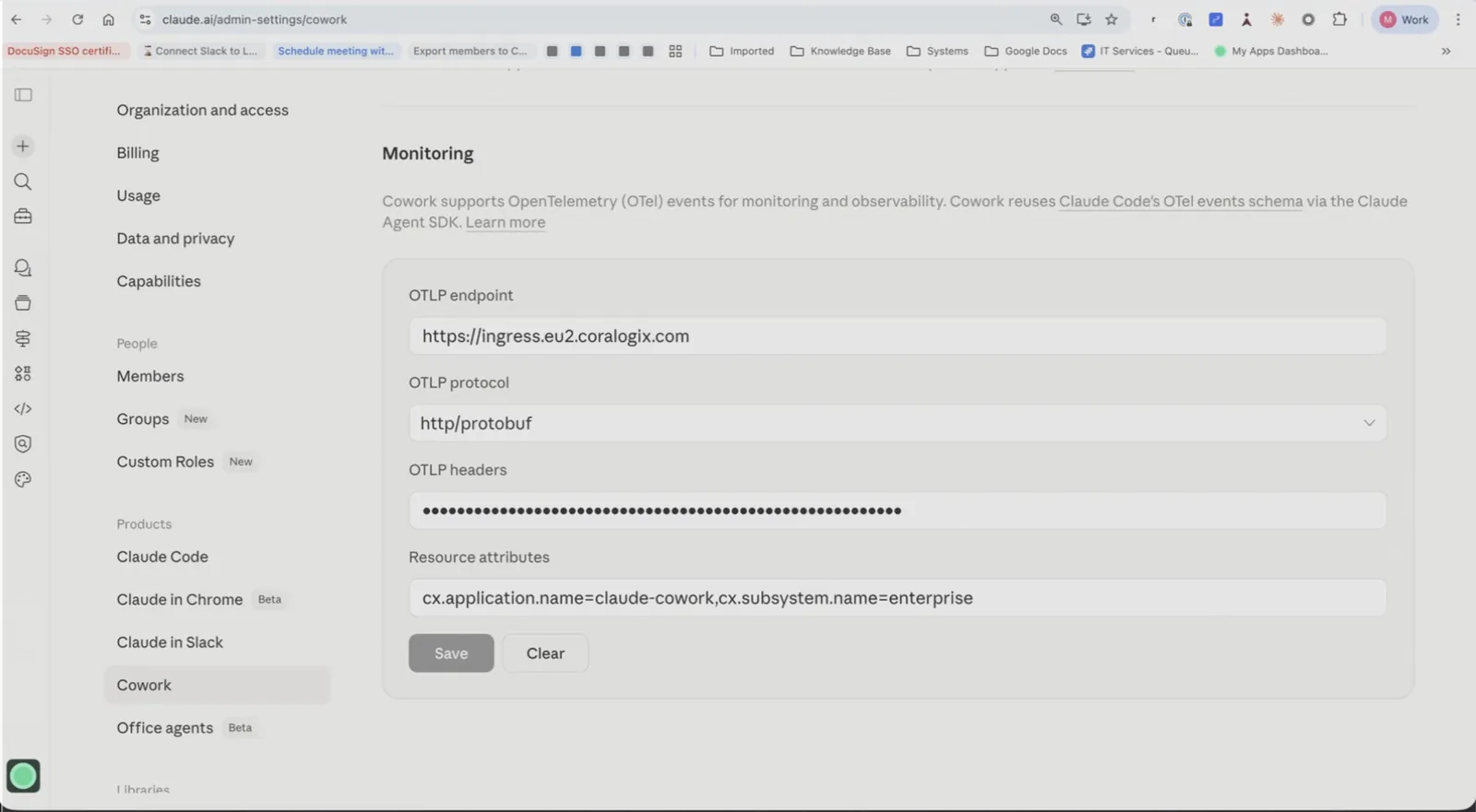 Claude admin panel showing the Cowork Monitoring Configuration screen with OTLP endpoint, protocol, headers, and resource attributes fields