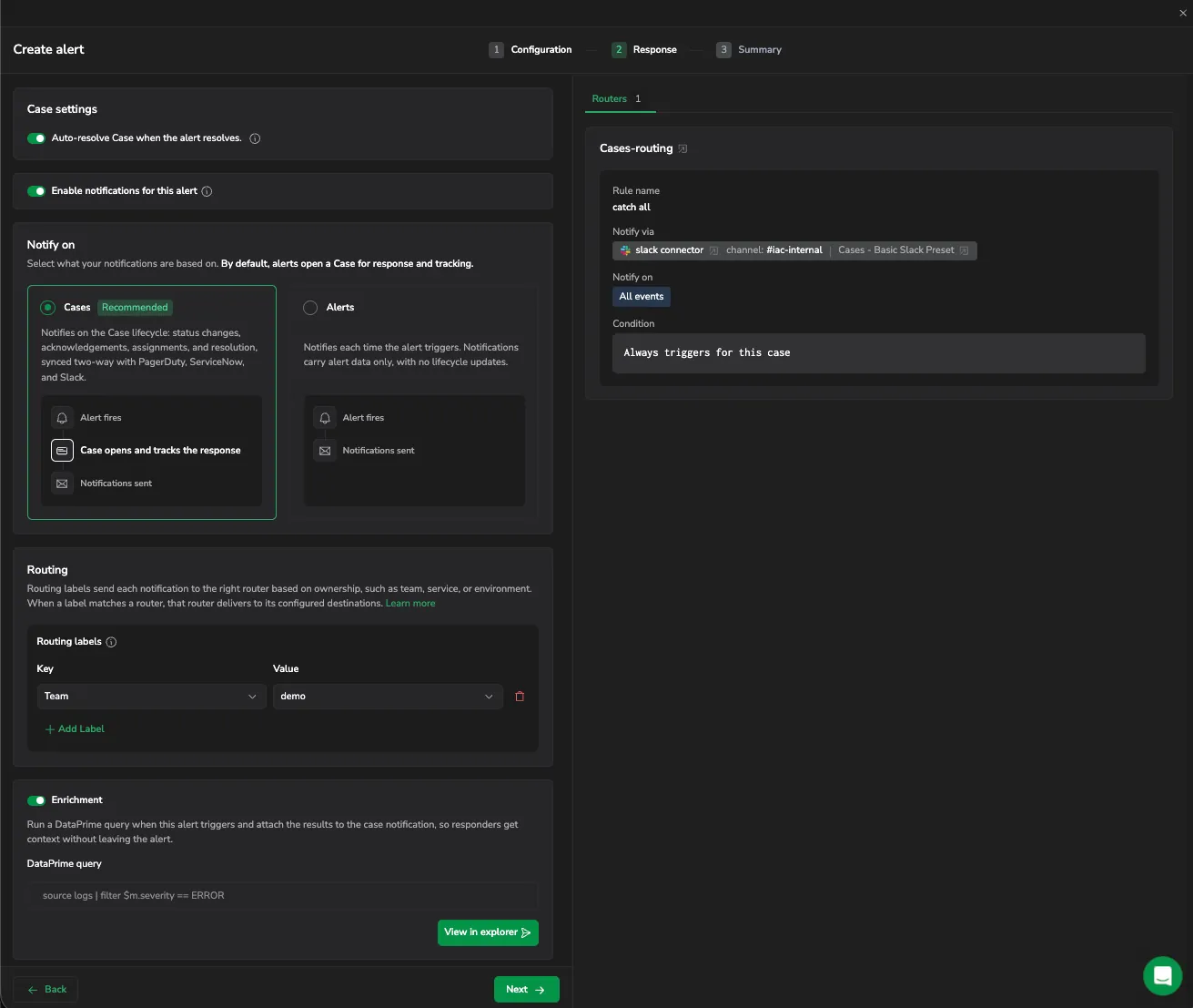 Create alert wizard on the Response step, showing Case settings, the Notify on choice, routing labels, and the matching routers panel