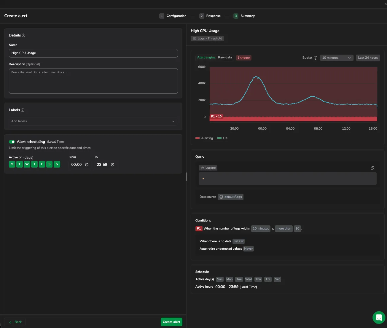 Create alert wizard on the Summary step, showing the name and scheduling fields beside a review of the query, conditions, and schedule