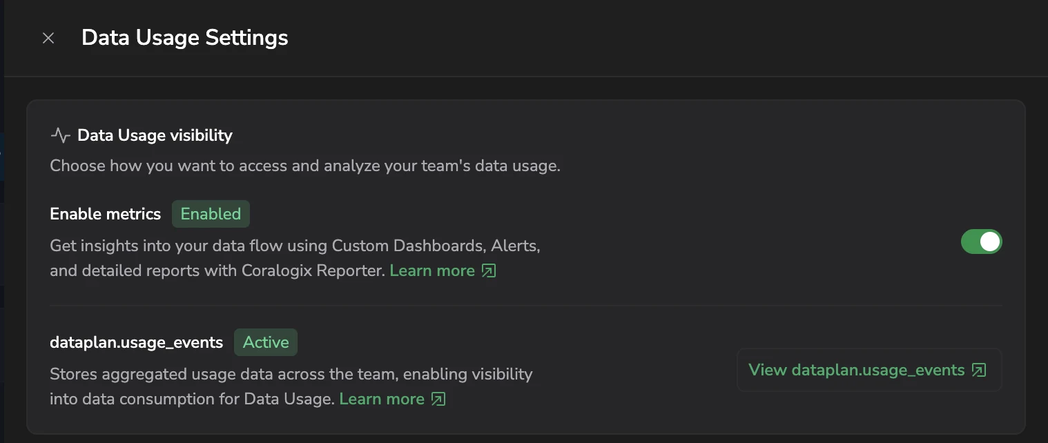 The Data Usage Settings panel showing the Data Usage visibility section, the Enable metrics row with an Enabled badge and its toggle on, and the dataplan.usage_events row with an Active badge and the View dataplan.usage_events button