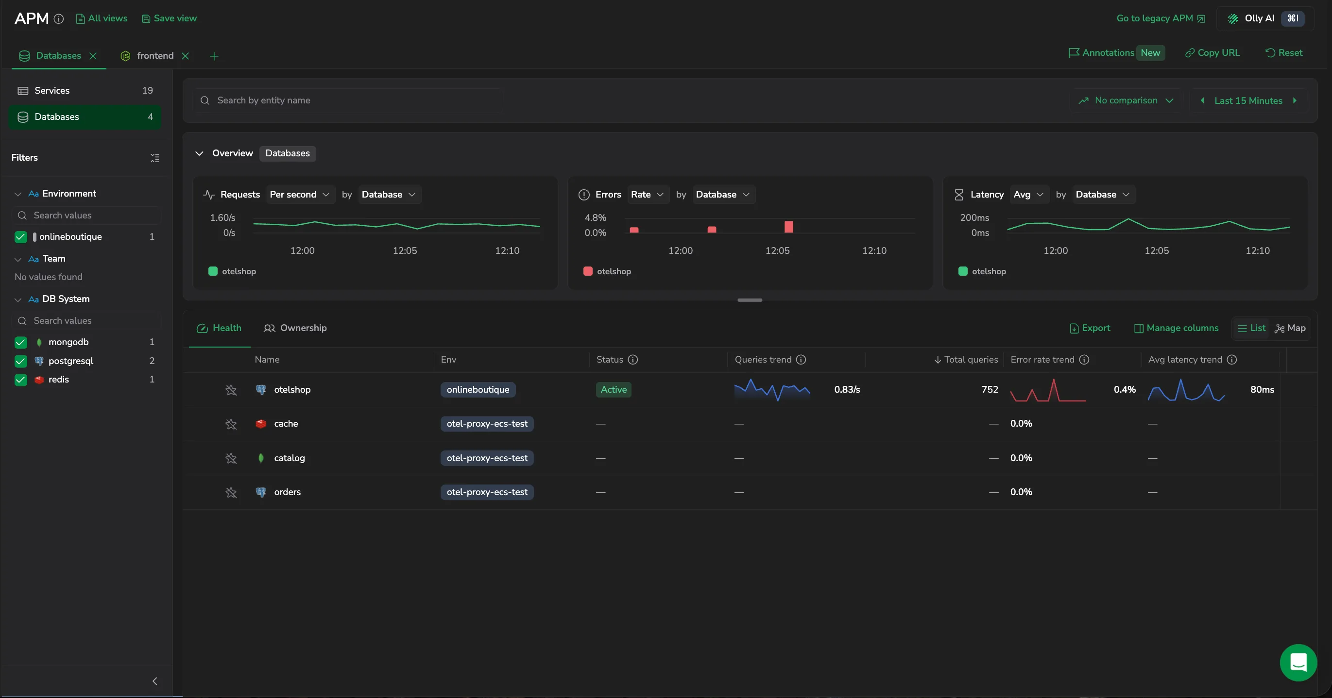 The Databases scope of the catalog: the Requests, Errors, and Latency overview widgets above the database table in its Health view, with the DB System filter in the sidebar.