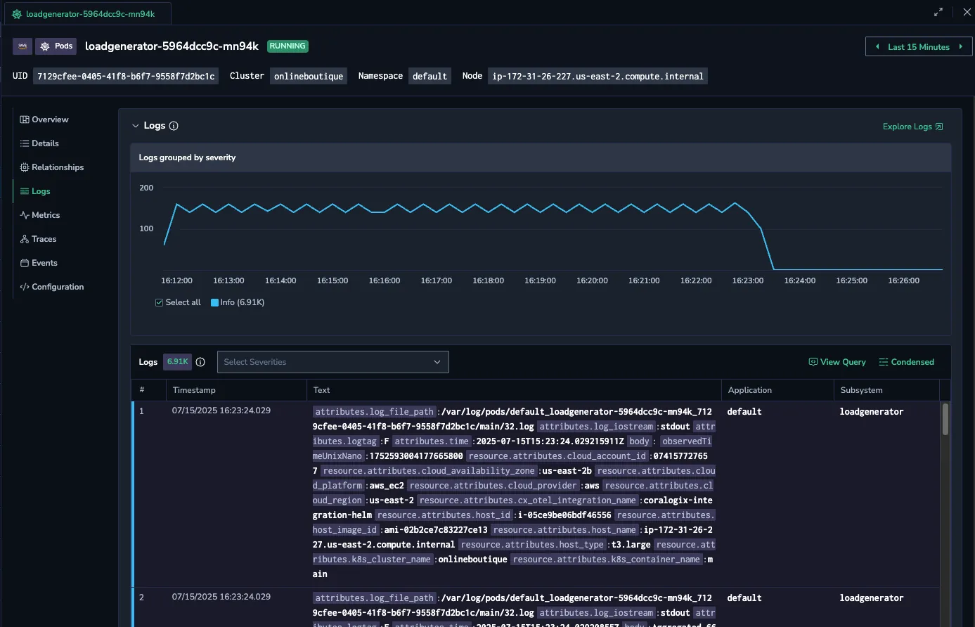 Details view showing metadata, configuration, and logs