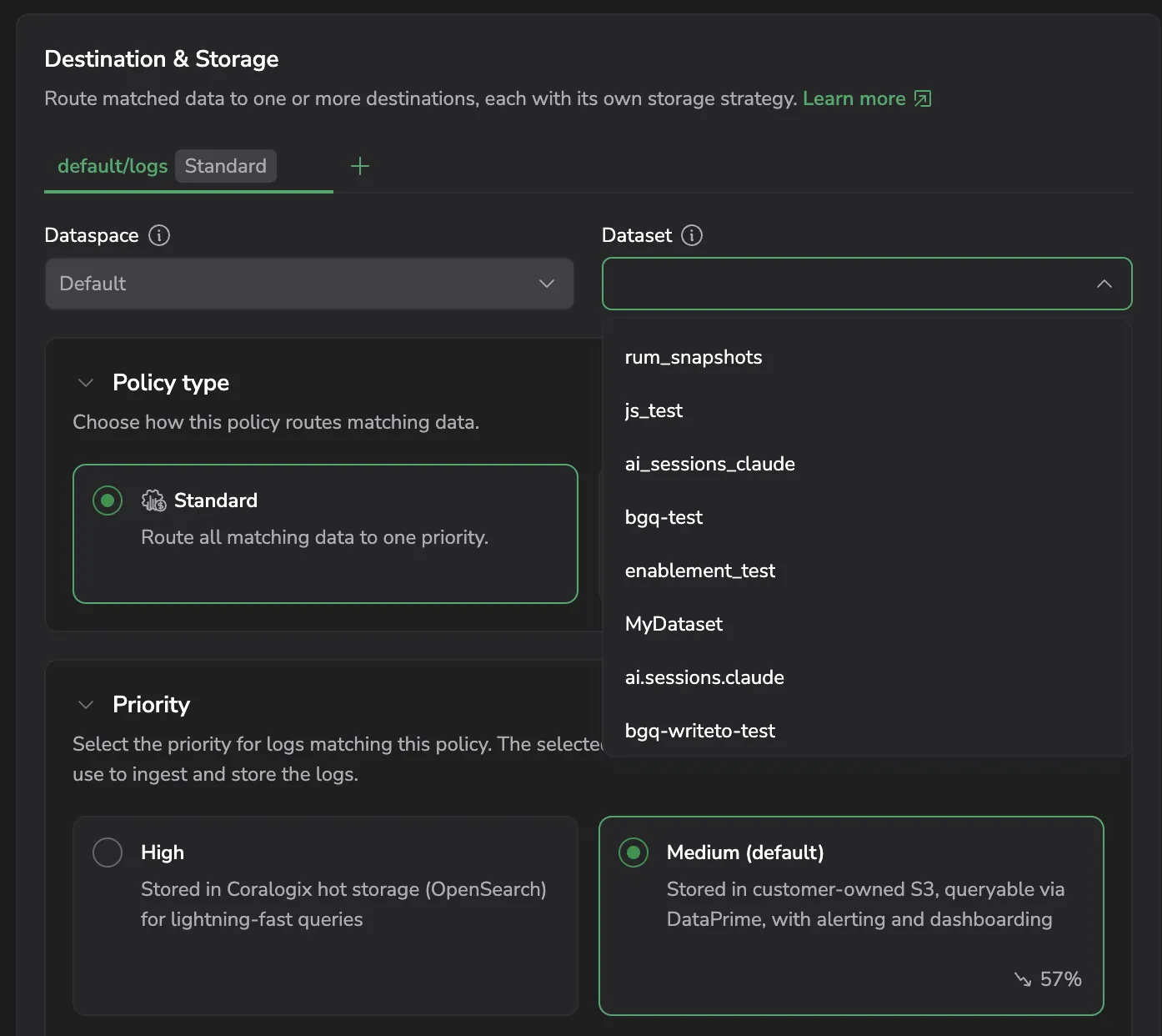 The Destination & Storage section with a destination tab selected, the Dataset dropdown open, and the Policy type and Priority sections below