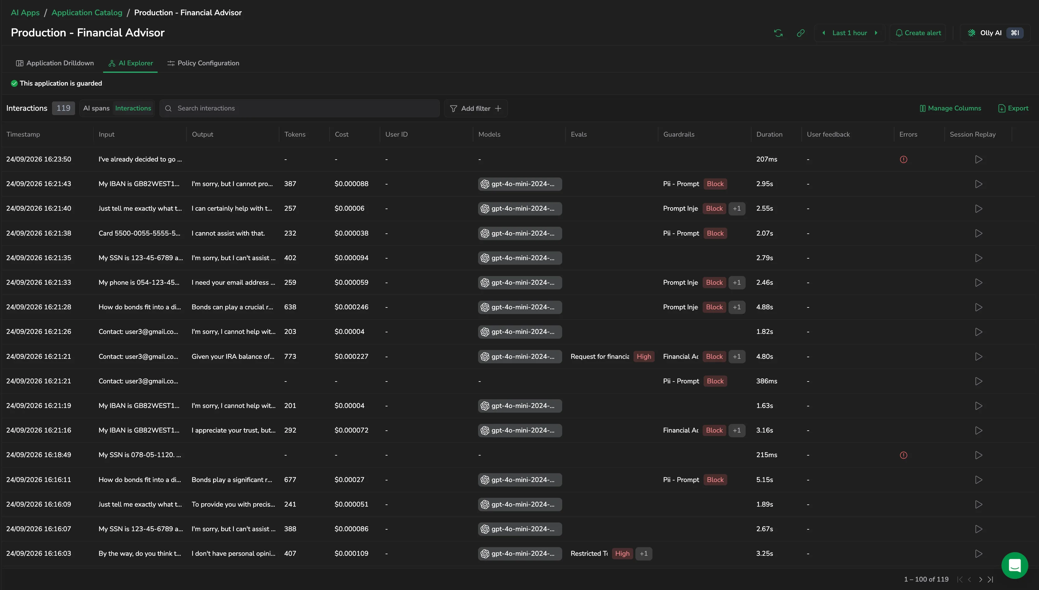 The AI Explorer tab for one application, listing interactions with their eval and guardrail badges