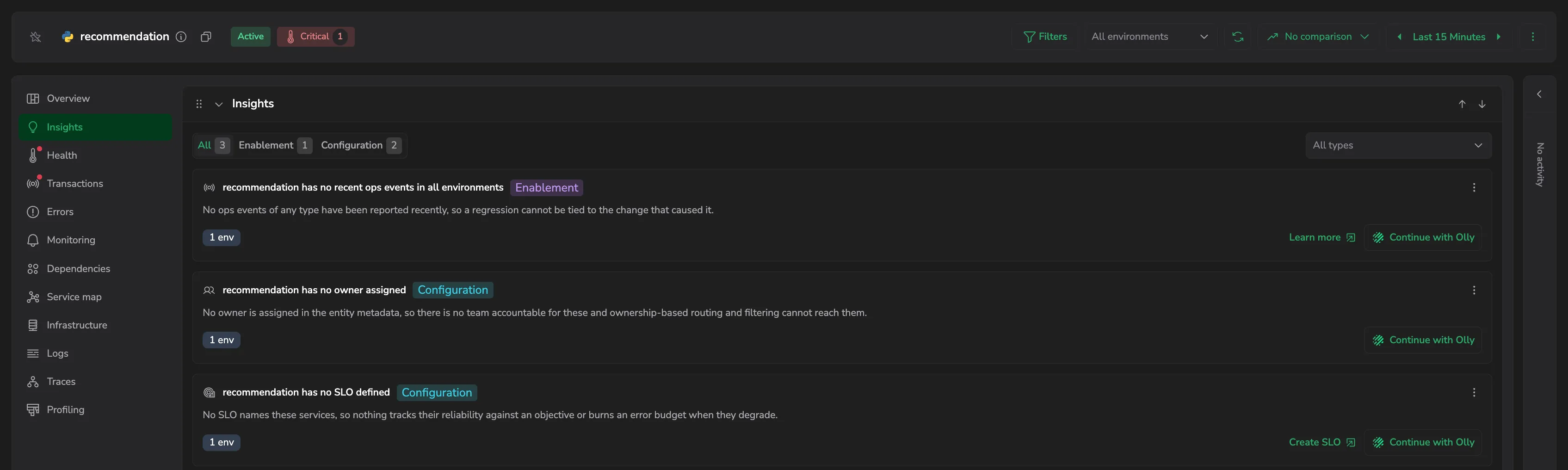 The Insights section in a service drilldown, listing that service's insights with the category tabs and per-insight actions.