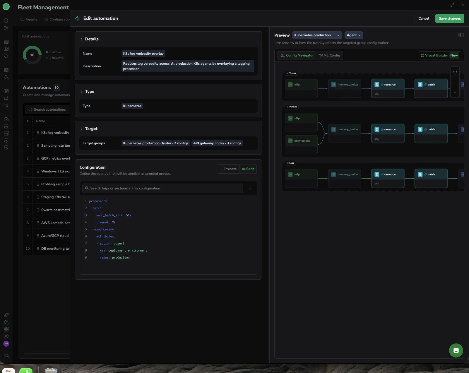 The Edit automation dialog with the Visual Builder preview, showing the traces, metrics, and logs pipelines