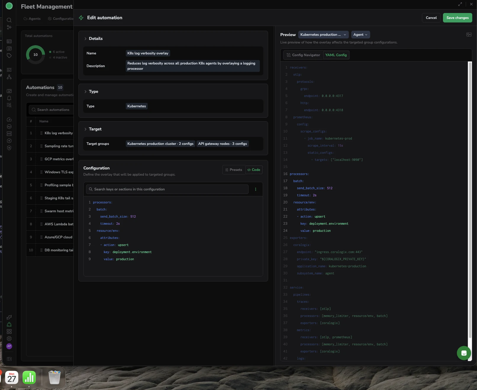 The Edit automation dialog with Details, Type, Target groups, and the YAML overlay, next to a live YAML preview of the merged result