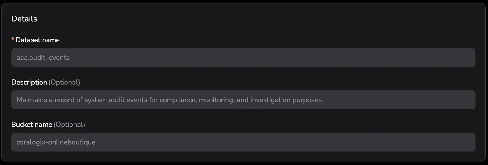 Edit Dataset Details section
