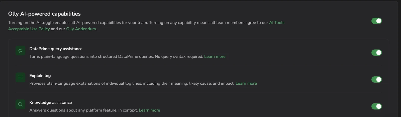 Olly AI-powered capabilities in Account Preferences, with the main AI toggle and the three capability toggles