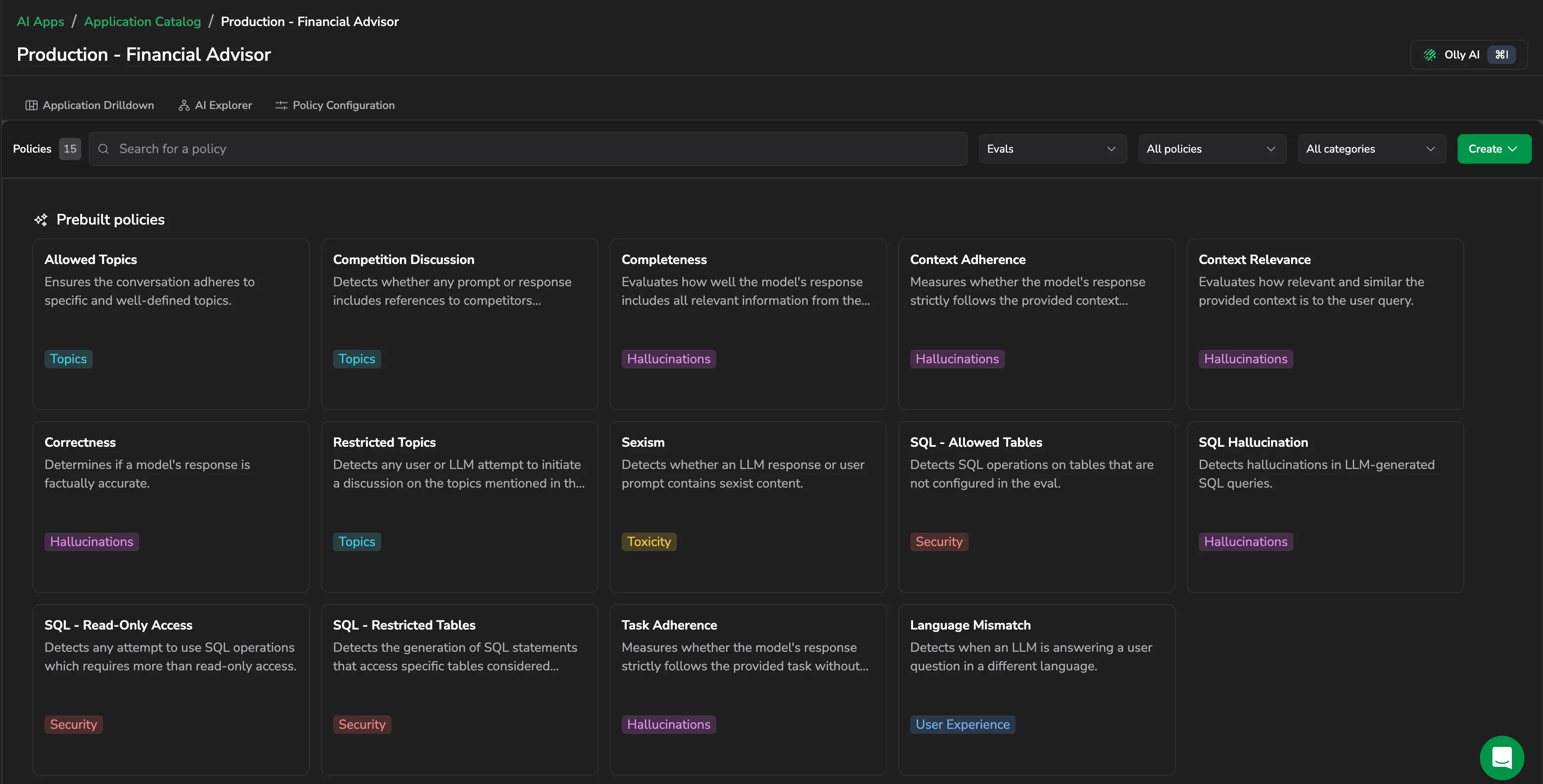 The Policy Catalog filtered to Evals, showing the prebuilt evaluation policies with their categories
