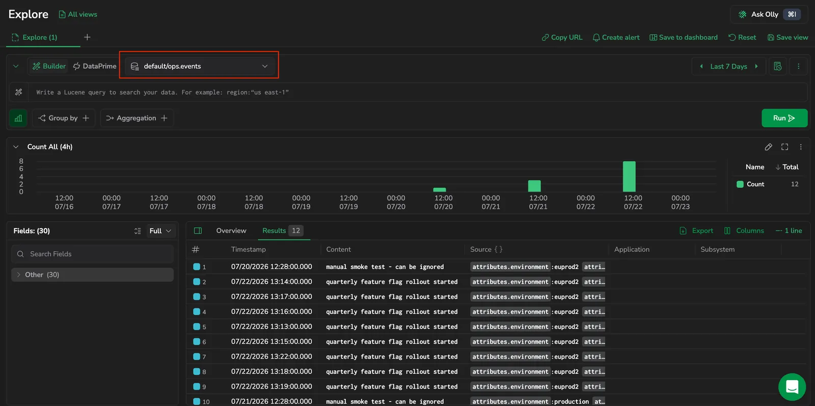 Explore view with the default/ops.events dataset selected as the source, listing ingested events