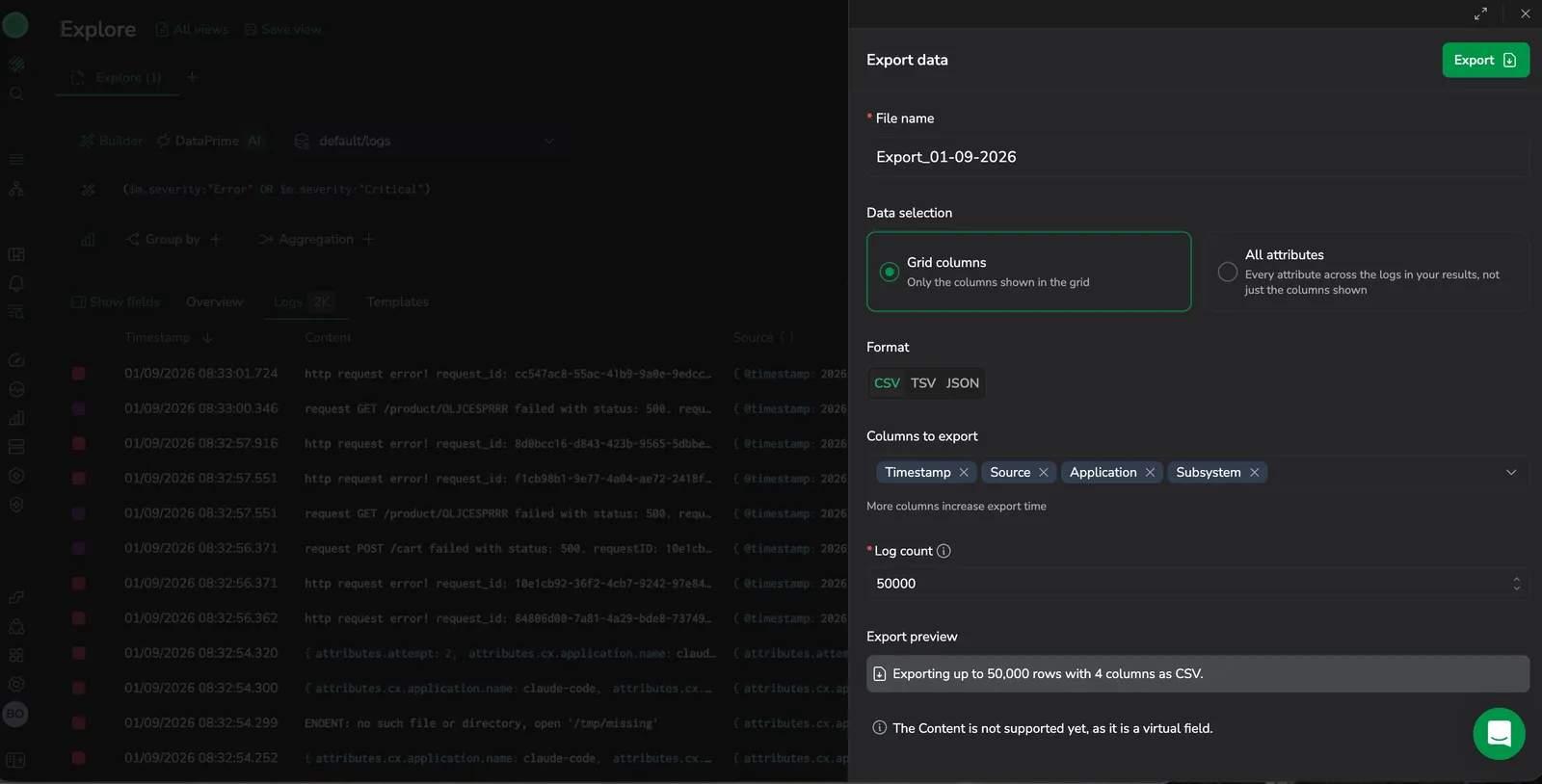 Export data dialog in Explore