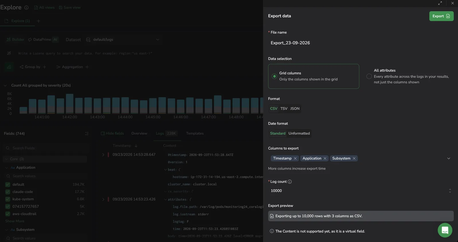 Export data dialog in Explore
