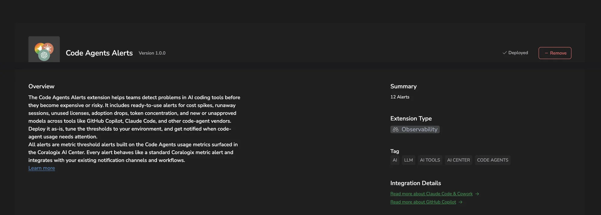 Code Agents Alerts extension detail page showing the extension header, overview, and 12-alert summary