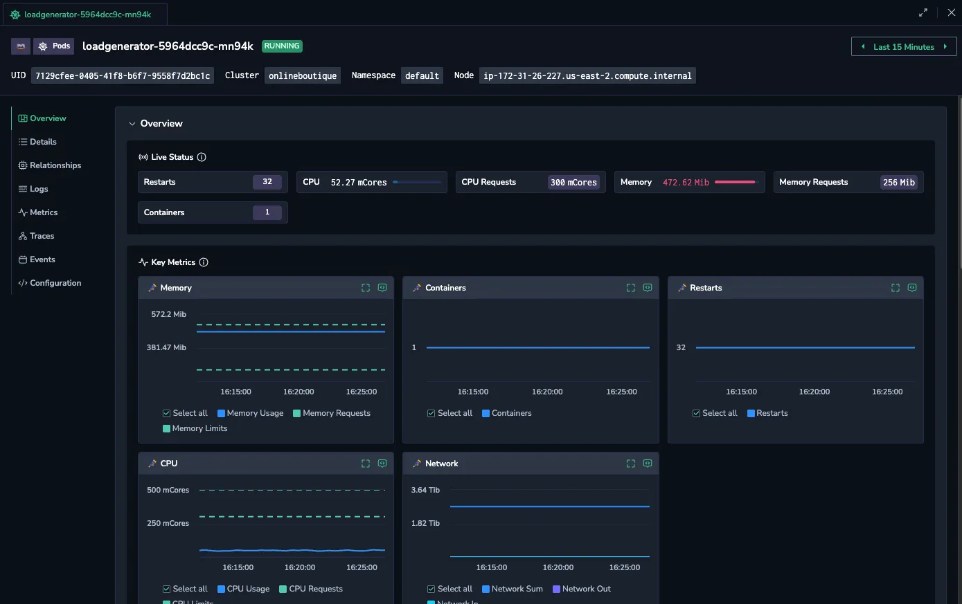 Fast insight view showing overview, events, and metrics tabs