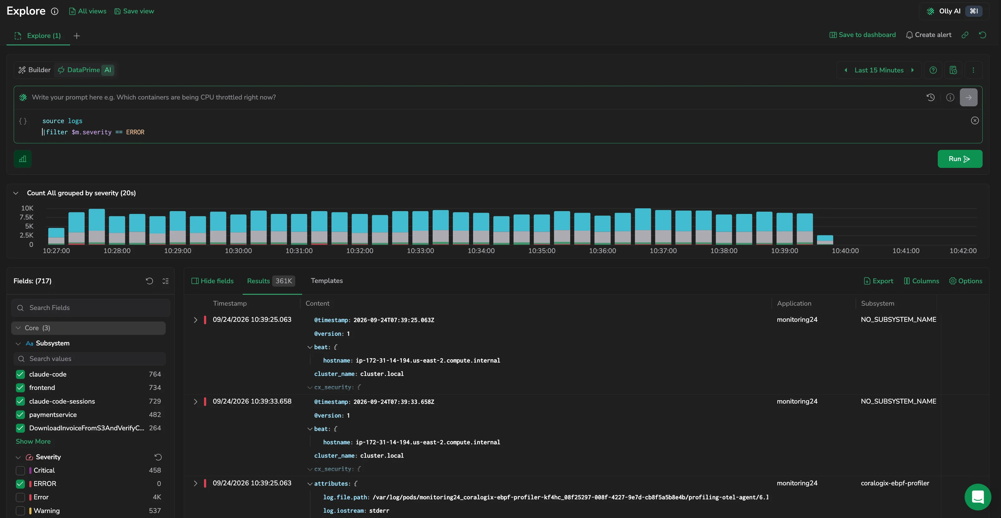 Explore in DataPrime mode running a source logs filter on severity ERROR, with the Fields panel severity value selected to match the query