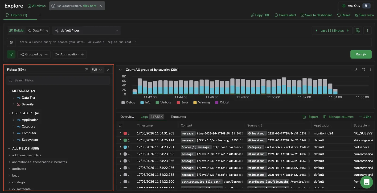 The Fields panel showing detected fields, favorites, and value distributions