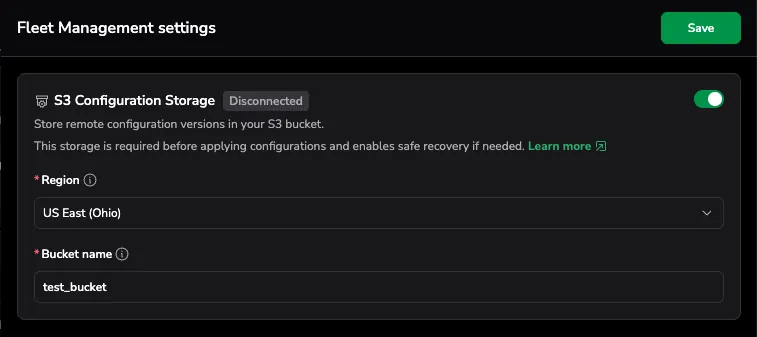 Fleet Management settings panel with S3 Configuration Storage fields