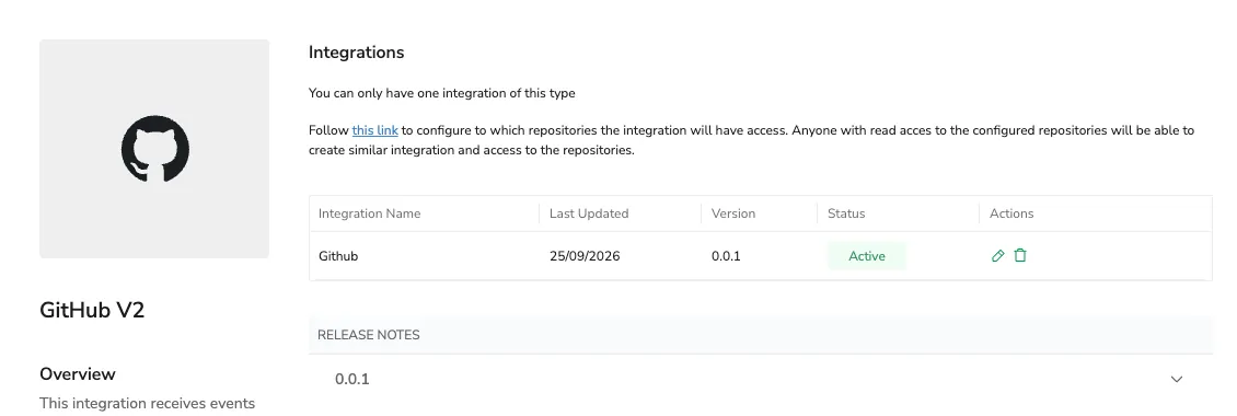 GitHub V2 page listing one integration with the status Active