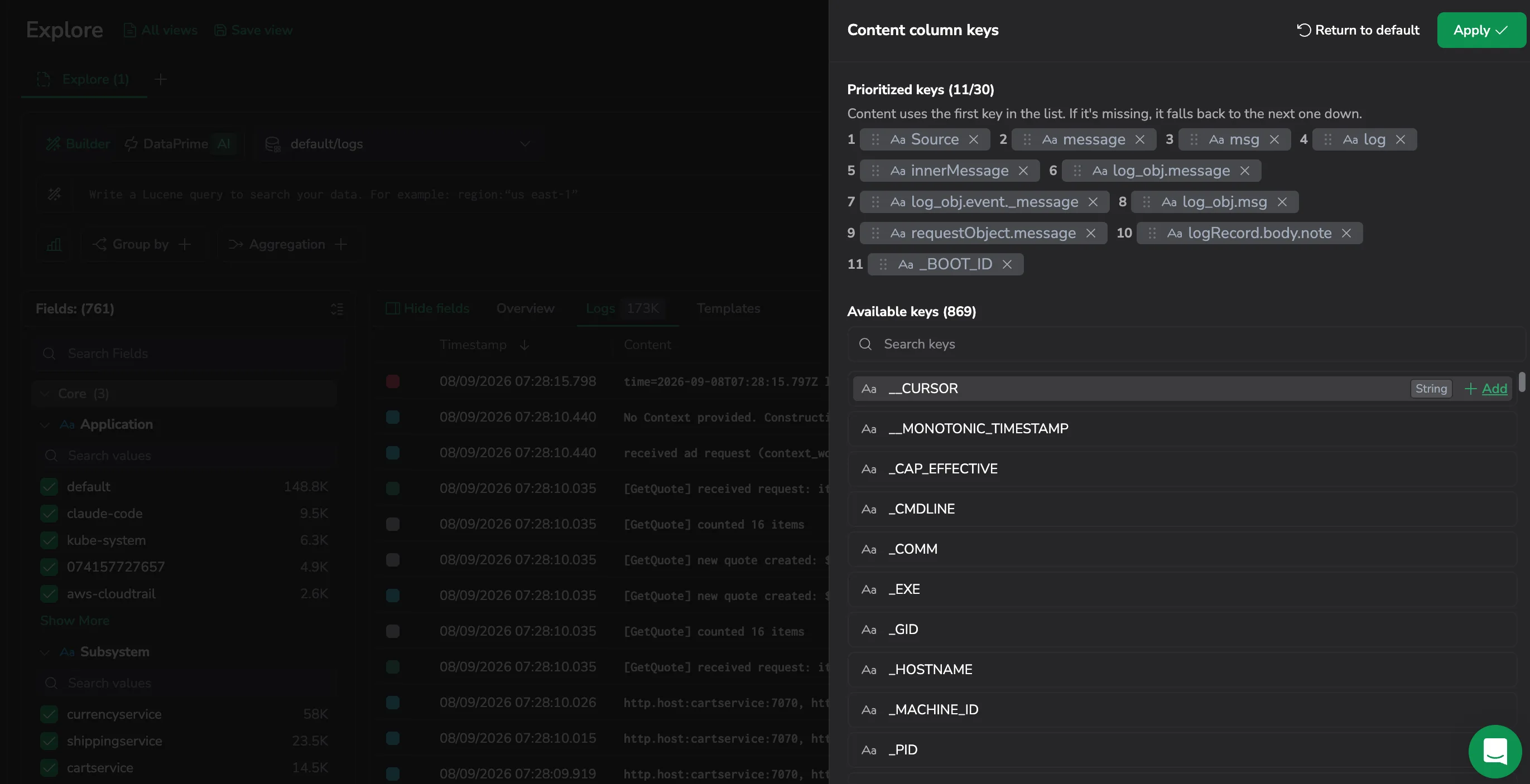 The Content column keys panel with the Prioritized keys section shown as numbered chips and the searchable Available keys list below